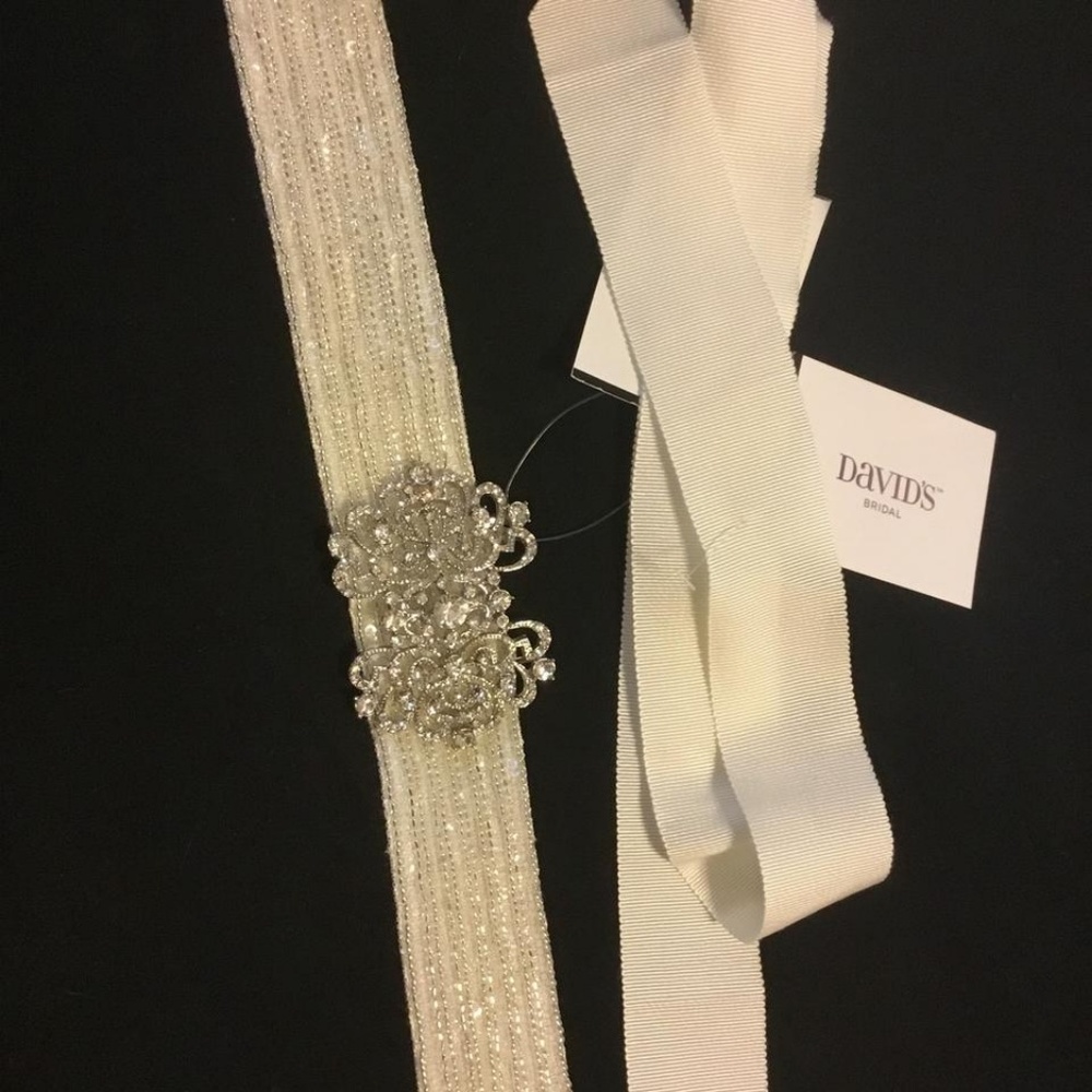 Ivory Rhinestone Beaded Grosgrain Sash - Picture 2 of 5